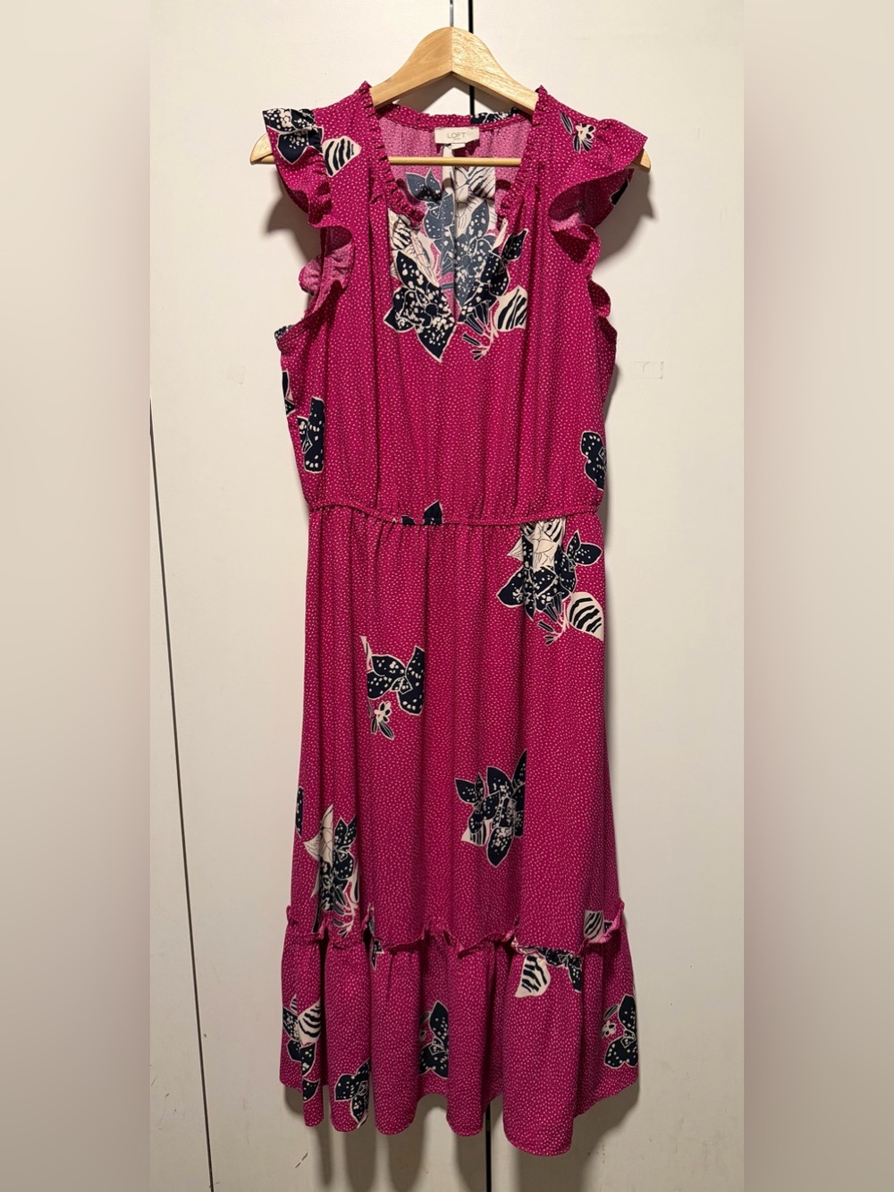 LOFT Hot Pink Floral Ruffle Sleeve Dress